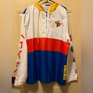 Pac-Man Pullover Hooded Windbreaker Jacket in Blue, White, and Yellow Size 2XL